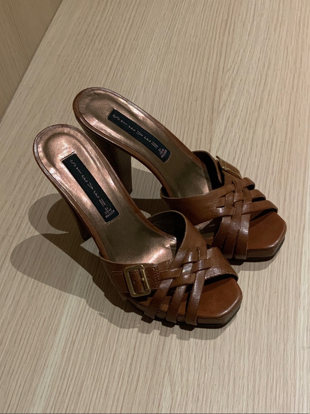 Steve Madden Brown Woven Leather Platform Mule Sandals